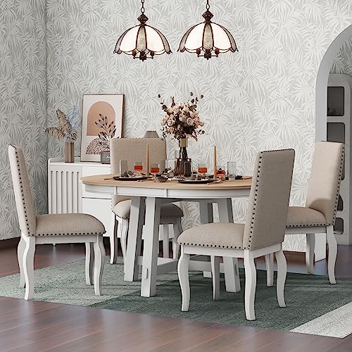 Dinehome 5-Piece Farmhouse Wooden Round Extendable Dining Table Set with 4 Upholstered Chairs, Oak Natural Wood + Antique White