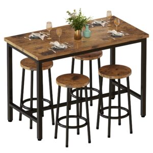 awqm pub table and chairs set of 4, industrial counter height table with 4 stools small dining table set for 4,wooden bar table set dining room table set for small spcae/living room,rustic brown