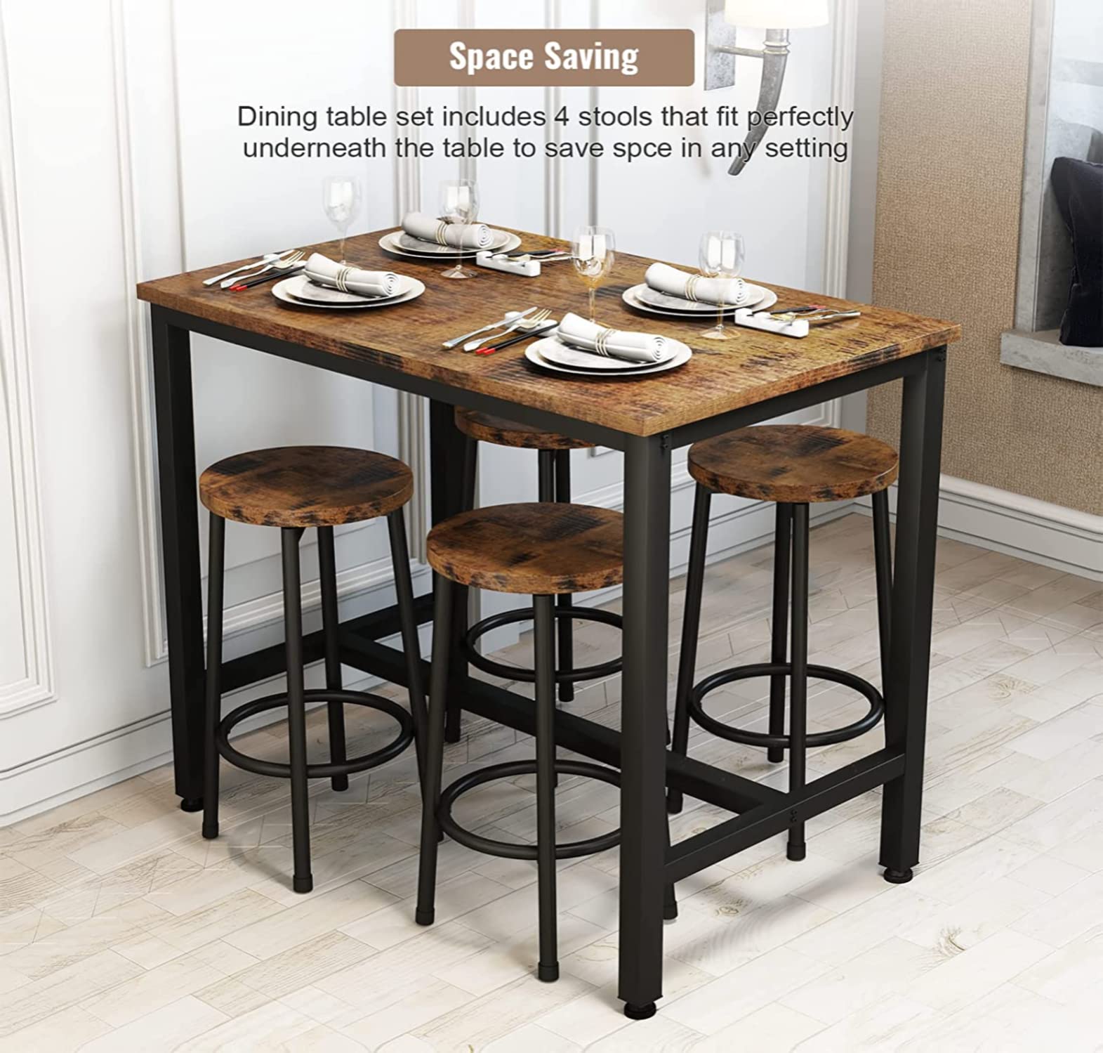 AWQM Pub Table and Chairs Set of 4, Industrial Counter Height Table with 4 Stools Small Dining Table Set for 4,Wooden Bar Table Set Dining Room Table Set for Small Spcae/Living Room,Rustic Brown