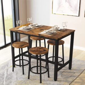 AWQM Pub Table and Chairs Set of 4, Industrial Counter Height Table with 4 Stools Small Dining Table Set for 4,Wooden Bar Table Set Dining Room Table Set for Small Spcae/Living Room,Rustic Brown