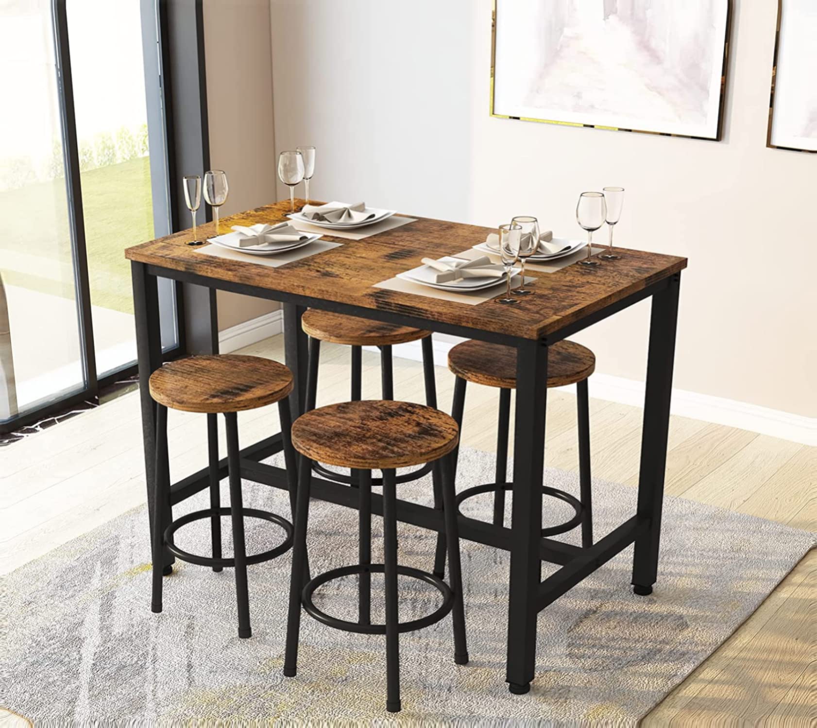 AWQM Pub Table and Chairs Set of 4, Industrial Counter Height Table with 4 Stools Small Dining Table Set for 4,Wooden Bar Table Set Dining Room Table Set for Small Spcae/Living Room,Rustic Brown