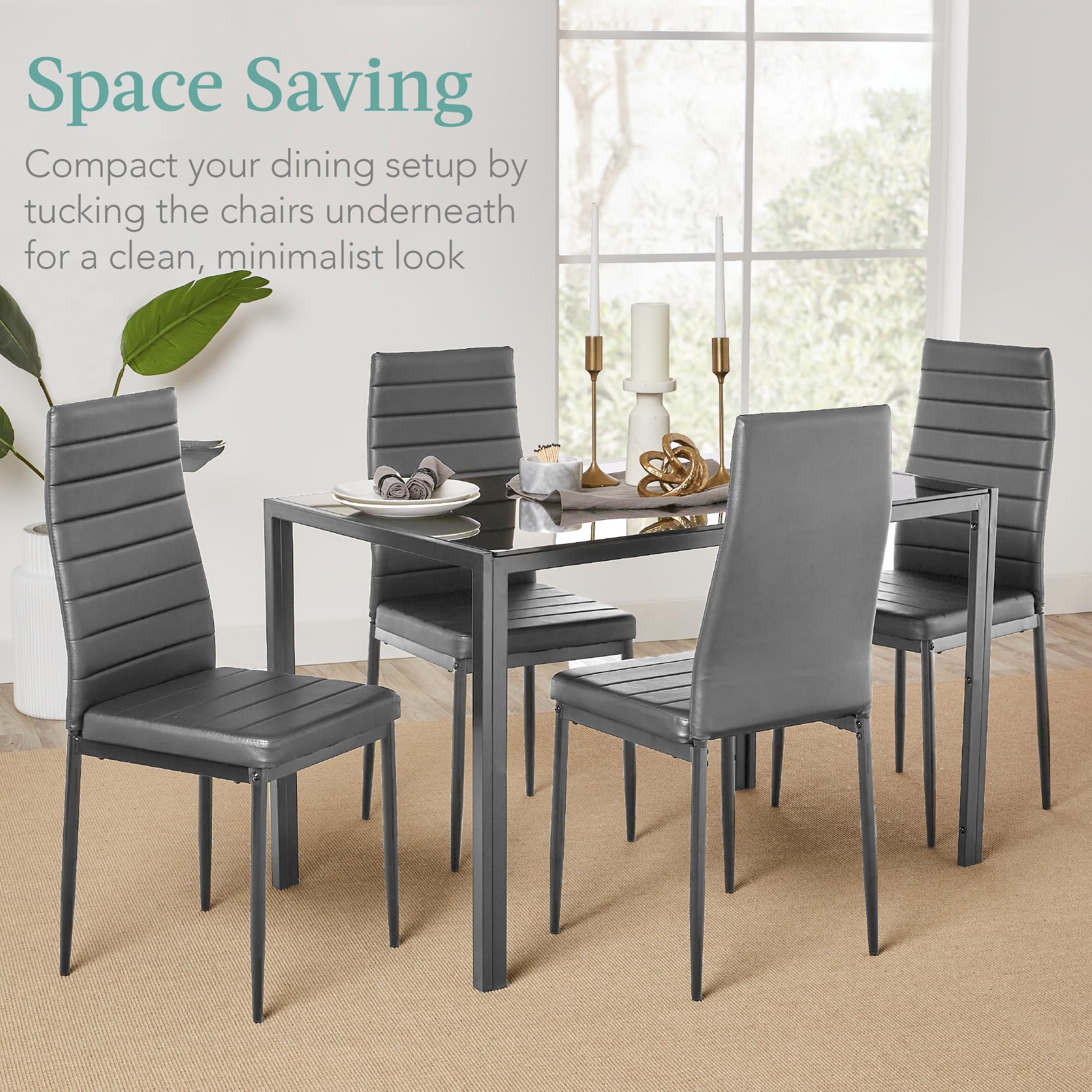 Best Choice Products 5-Piece Glass Dining Set, Modern Kitchen Table Furniture for Dining Room, Dinette, Compact Space-Saving w/Glass Tabletop, 4 Upholstered PU Chairs, Metal Steel Frame - Gray