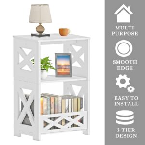 BYFU White Side Table, Small End Table with Storage Shelf, 3-Tier Nightstand Bedside Table Bookshelf Bookcase Display Rack for Small Spaces Bedroom Bathroom Living Room Office