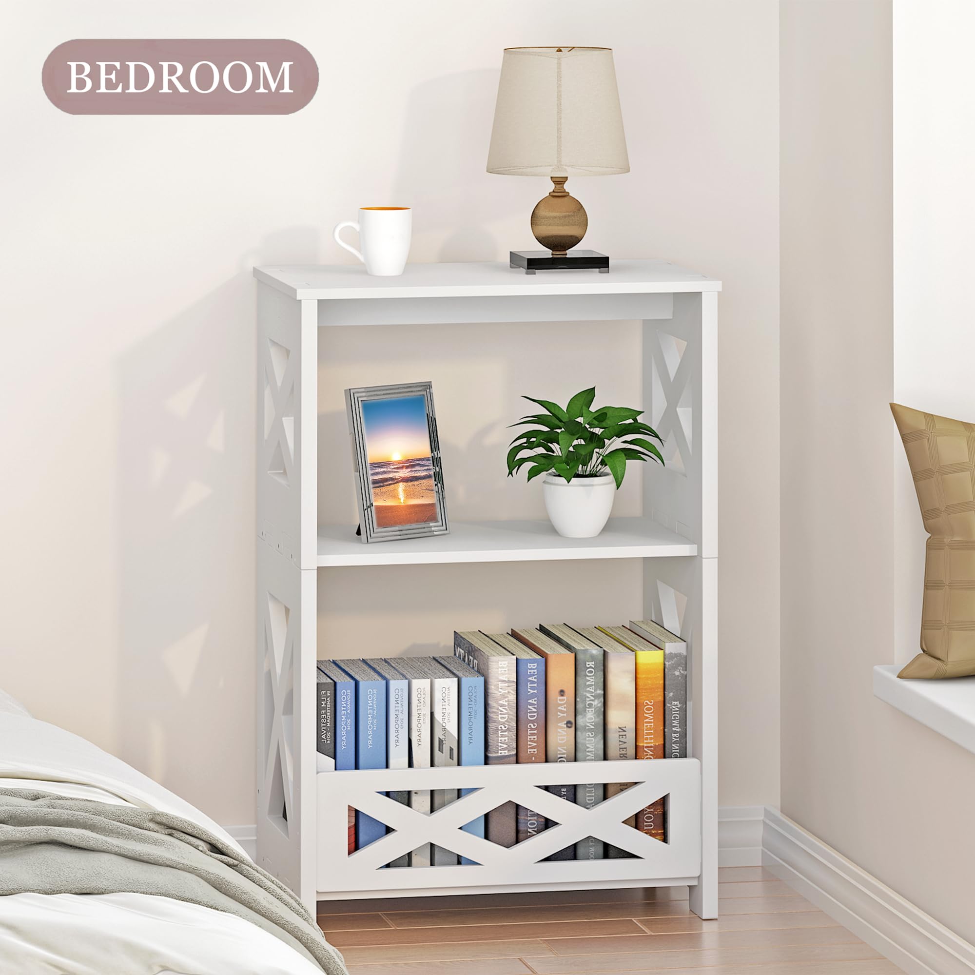 BYFU White Side Table, Small End Table with Storage Shelf, 3-Tier Nightstand Bedside Table Bookshelf Bookcase Display Rack for Small Spaces Bedroom Bathroom Living Room Office