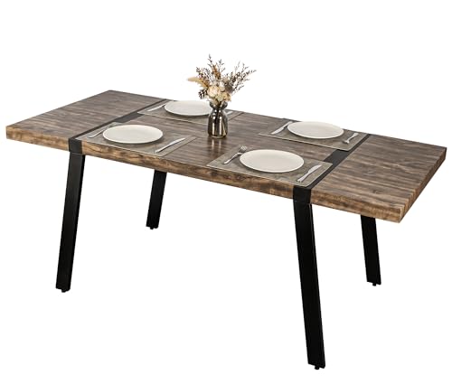 Comfy to go 70” Rectangluar Dining Table for 6-8 Person, Mid Century Modern Metal Frame Kitchen Table with 2.4” Thick Wood Grain Tabletop for Dining Living Room Farmhouse Furniture (Rustic Brown)