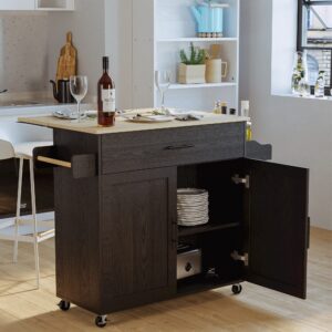 IRONCK Rolling Kitchen Island Table on Wheels with Drop Leaf, Storage Cabinet, Drawer, Spice/Towel Rack, Kitchen Cart, Black
