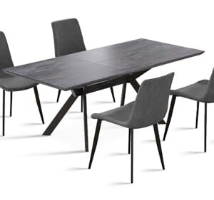 jiexi Extendable Dining Table Set for 6-8 Seat, Rectangular Solid Slate Stone Top with 4 Faux Leather Dining, Modern Kitchen Table with Extension Leaf, Extendable 55'' to 71'' for Kitchen Restaurant