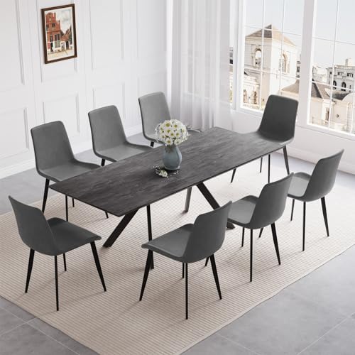 jiexi Extendable Dining Table Set for 6-8 Seat, Rectangular Solid Slate Stone Top with 4 Faux Leather Dining, Modern Kitchen Table with Extension Leaf, Extendable 55'' to 71'' for Kitchen Restaurant