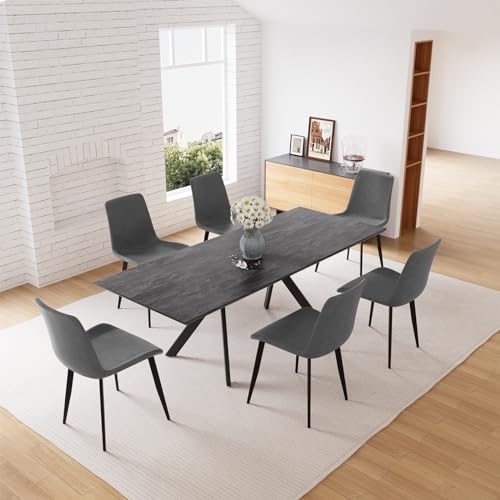 jiexi Extendable Dining Table Set for 6-8 Seat, Rectangular Solid Slate Stone Top with 4 Faux Leather Dining, Modern Kitchen Table with Extension Leaf, Extendable 55'' to 71'' for Kitchen Restaurant