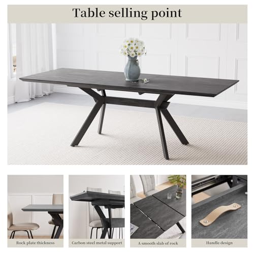 jiexi Extendable Dining Table Set for 6-8 Seat, Rectangular Solid Slate Stone Top with 4 Faux Leather Dining, Modern Kitchen Table with Extension Leaf, Extendable 55'' to 71'' for Kitchen Restaurant