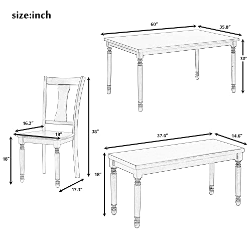 WOZNLA 6-Piece Farmhouse Kitchen Dining Set-Rustic Charm with Rectangular Wood Table, 4 Chairs, and 1 Bench-Ideal for Heartwarming Family Gatherings, Onesize, Brown+Cottage White