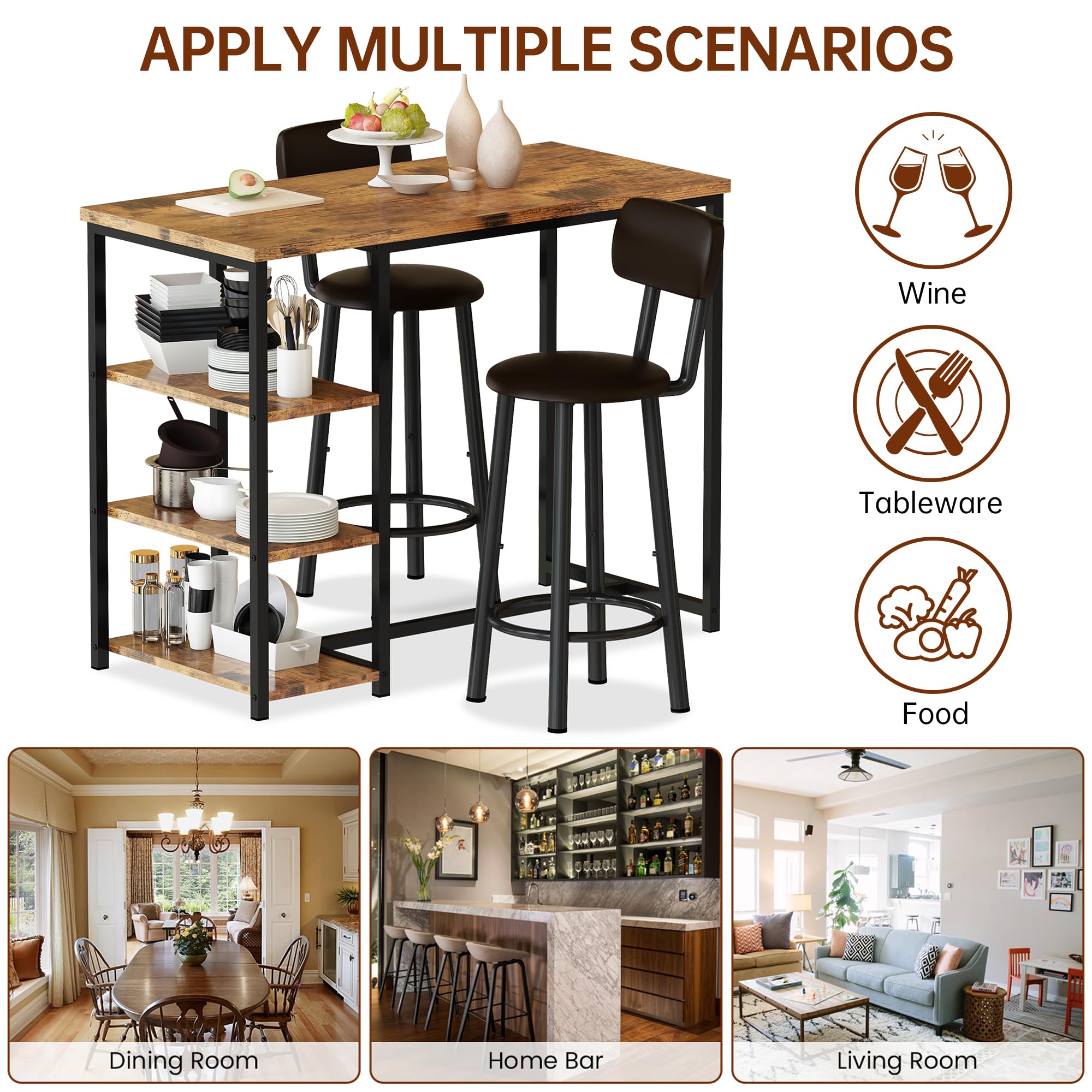 DKLGG Dining Table Set for 2, Counter Height Pub Table with 2 PU Leather Widen Backrest Bar Stools & 3 Storage Shelves, Bar Table and Chairs Set for Small Space Kitchen, Dining Room, Bar, Brown