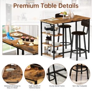 DKLGG Dining Table Set for 2, Counter Height Pub Table with 2 PU Leather Widen Backrest Bar Stools & 3 Storage Shelves, Bar Table and Chairs Set for Small Space Kitchen, Dining Room, Bar, Brown