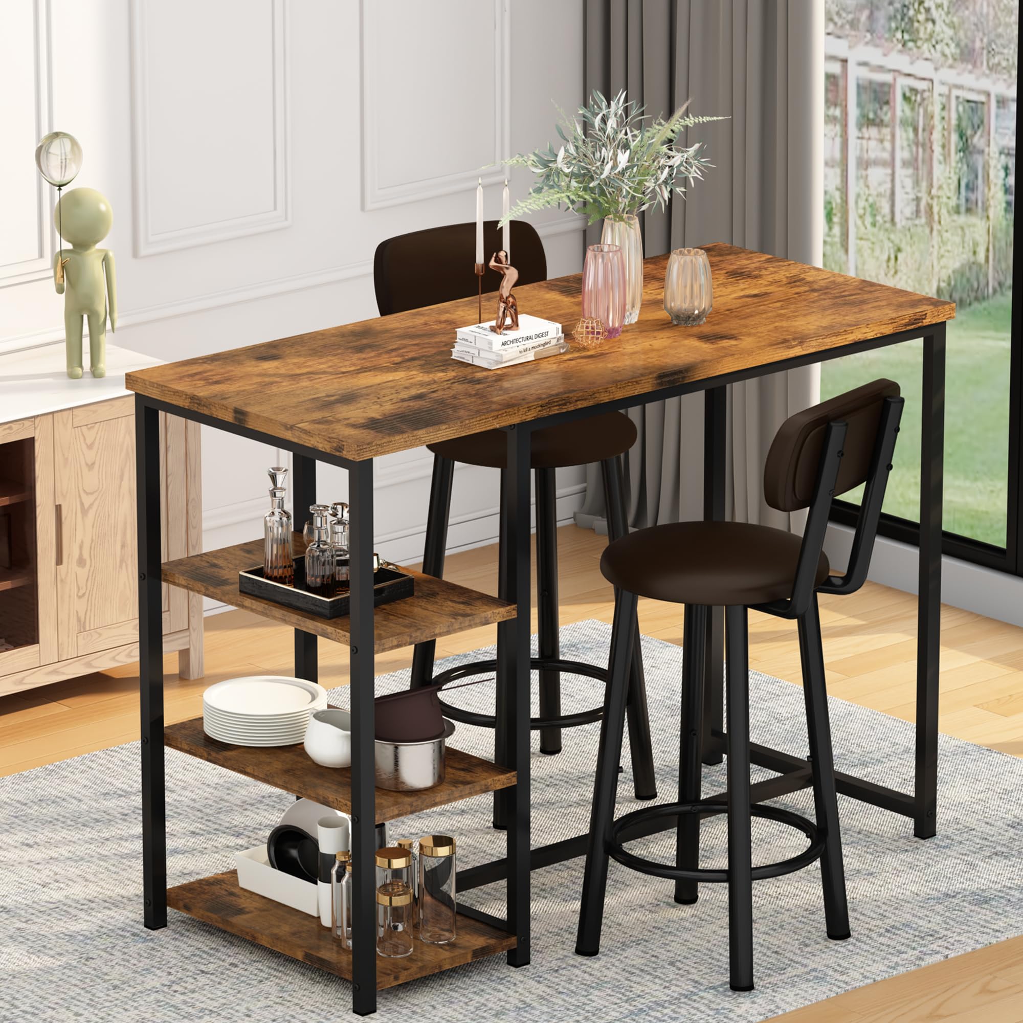 DKLGG Dining Table Set for 2, Counter Height Pub Table with 2 PU Leather Widen Backrest Bar Stools & 3 Storage Shelves, Bar Table and Chairs Set for Small Space Kitchen, Dining Room, Bar, Brown