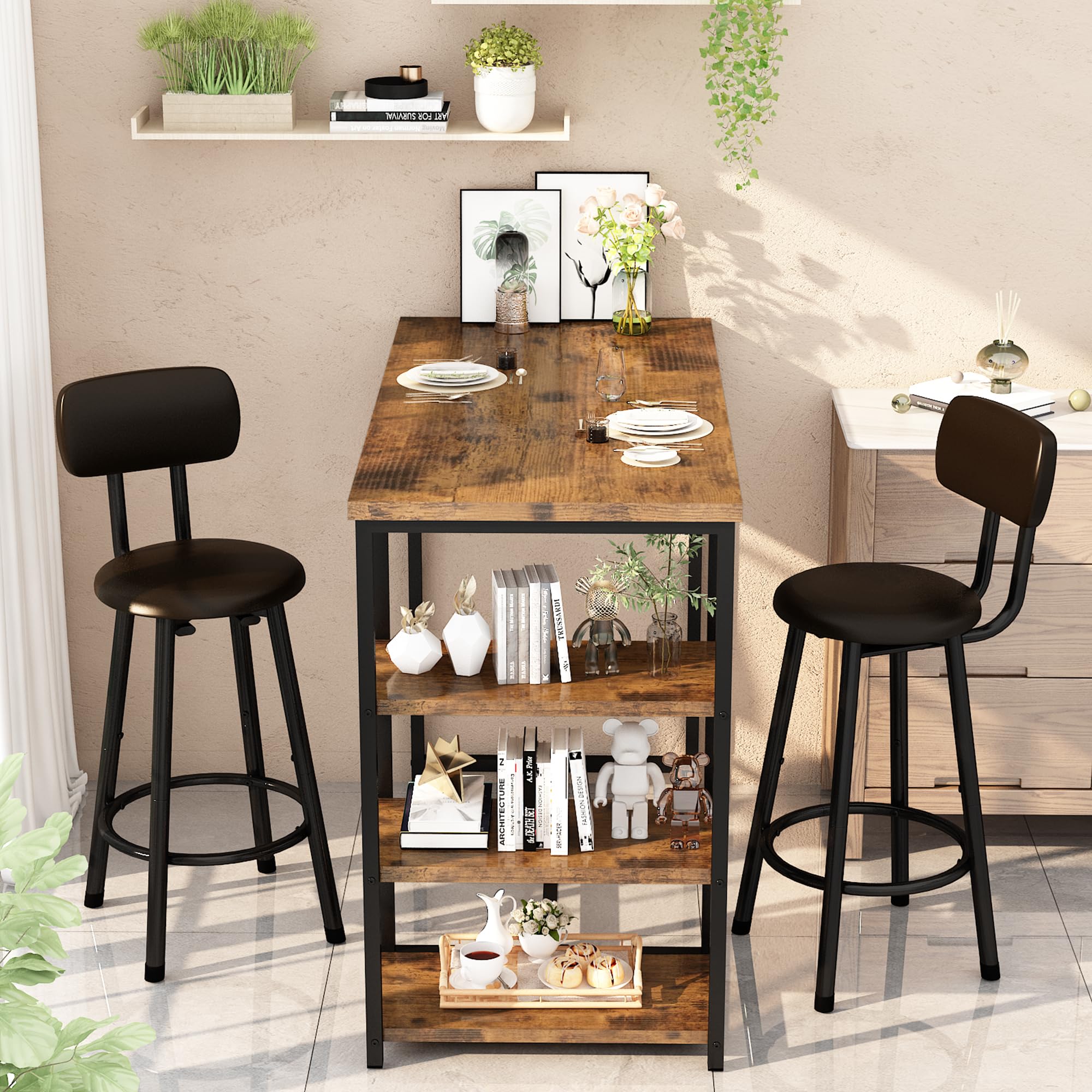 DKLGG Dining Table Set for 2, Counter Height Pub Table with 2 PU Leather Widen Backrest Bar Stools & 3 Storage Shelves, Bar Table and Chairs Set for Small Space Kitchen, Dining Room, Bar, Brown