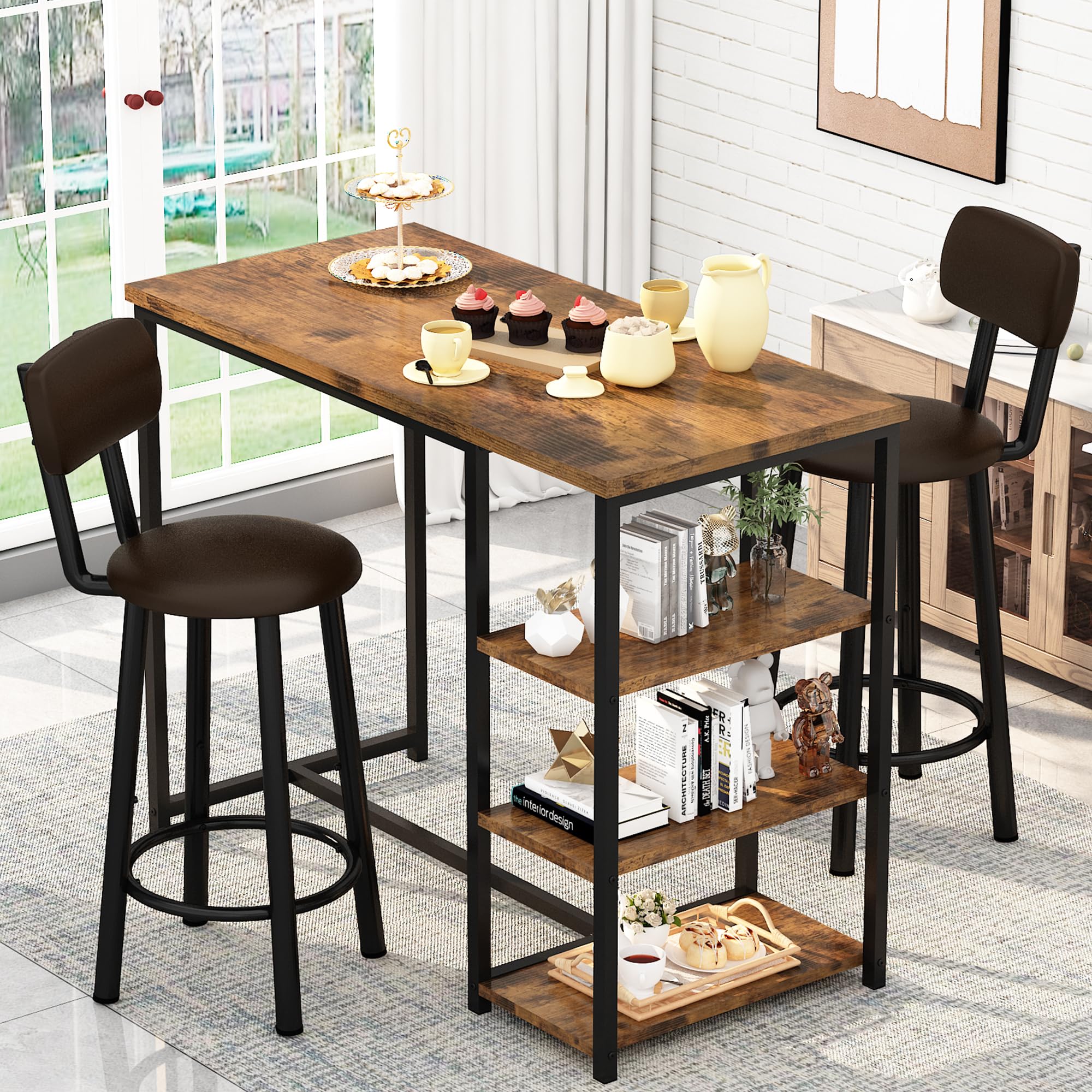 DKLGG Dining Table Set for 2, Counter Height Pub Table with 2 PU Leather Widen Backrest Bar Stools & 3 Storage Shelves, Bar Table and Chairs Set for Small Space Kitchen, Dining Room, Bar, Brown