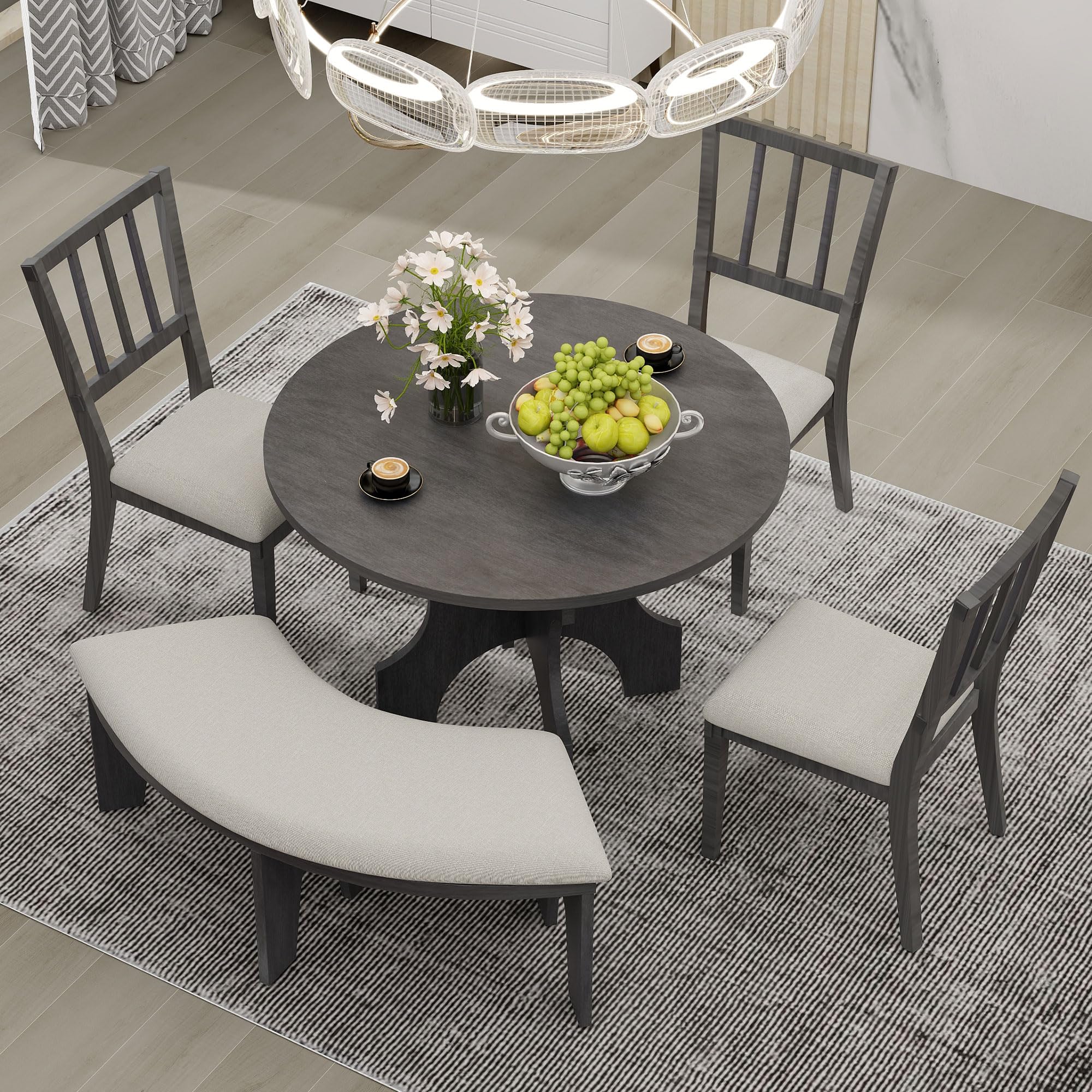 FIQHOME Kitchen Room Retro 5-Piece Set, 44'' Wood Round Dining Table with Curved Bench & 3 Upholstered Chairs and Special-Shaped Legs, 4-5 People,Grey, Gray