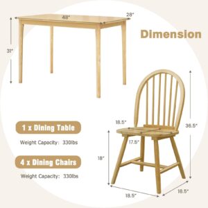 Giantex 48" L Wooden Dining Table Set for 4, 5PCS Rectangular Kitchen Table Set w/Rubber Wood Supporting Legs, Farmhouse Dinner Table & 4 Windsor Chairs for Kitchen Dining Room Small Space