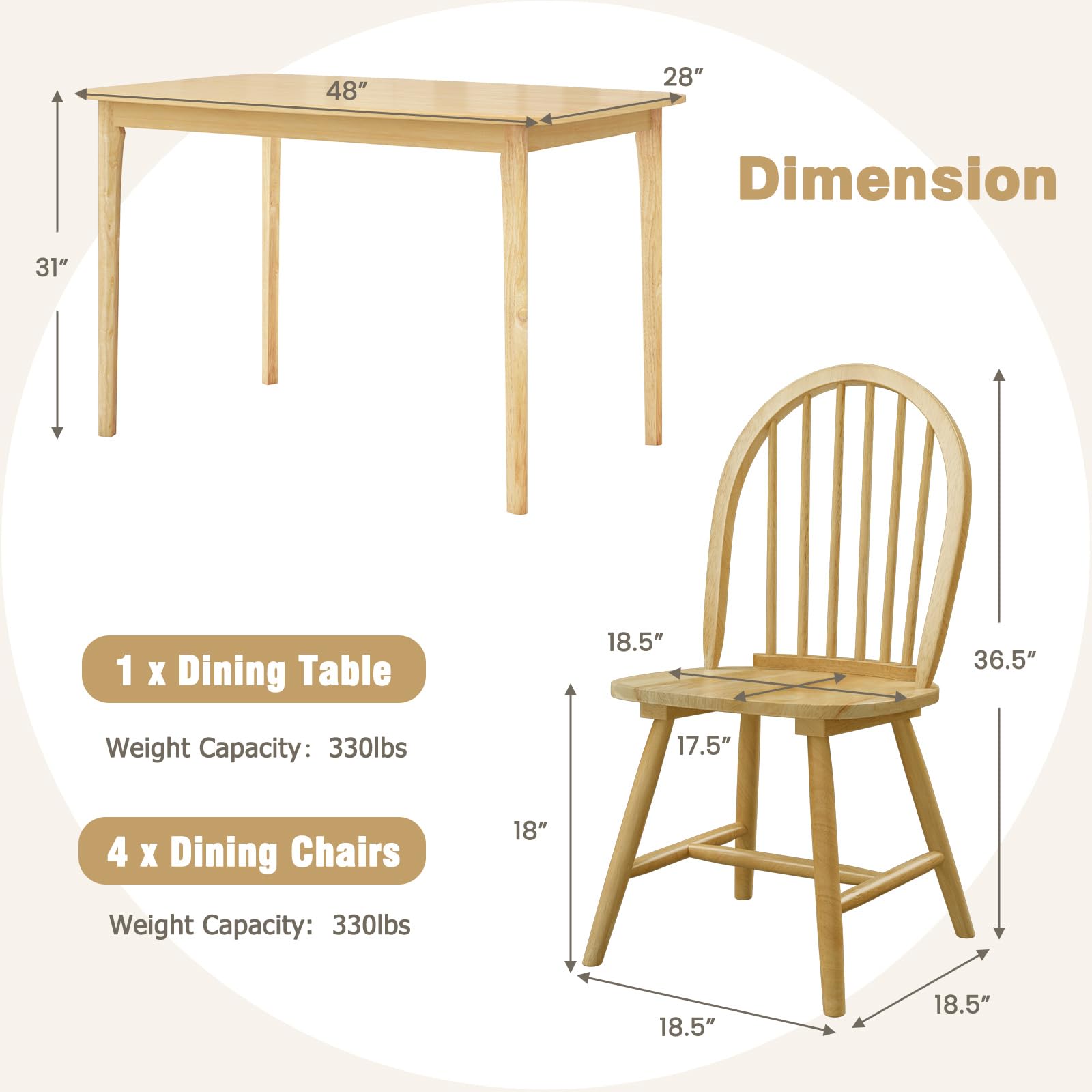 Giantex 48" L Wooden Dining Table Set for 4, 5PCS Rectangular Kitchen Table Set w/Rubber Wood Supporting Legs, Farmhouse Dinner Table & 4 Windsor Chairs for Kitchen Dining Room Small Space