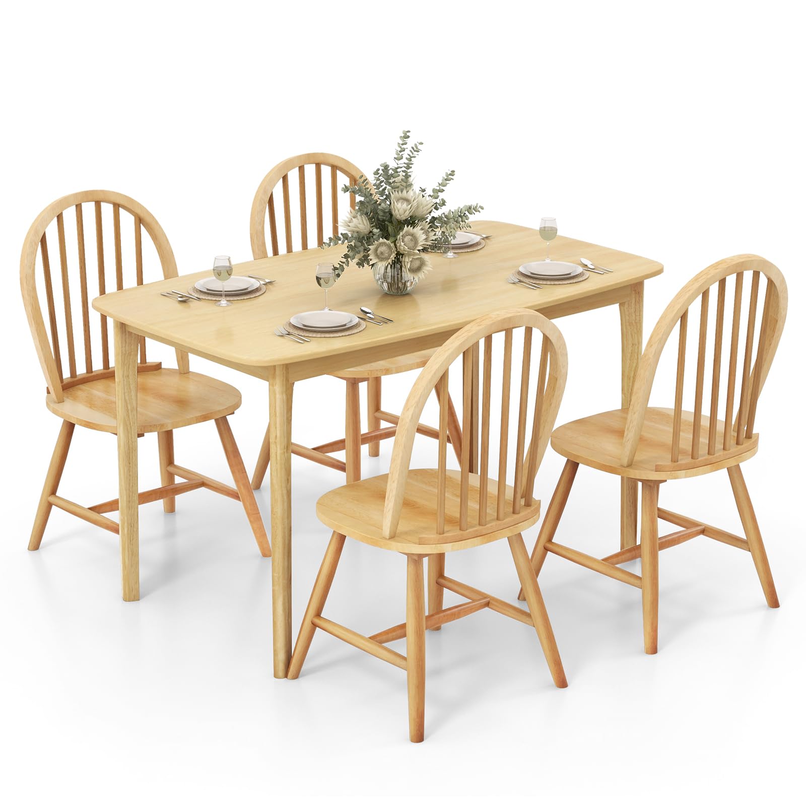 Giantex 48" L Wooden Dining Table Set for 4, 5PCS Rectangular Kitchen Table Set w/Rubber Wood Supporting Legs, Farmhouse Dinner Table & 4 Windsor Chairs for Kitchen Dining Room Small Space