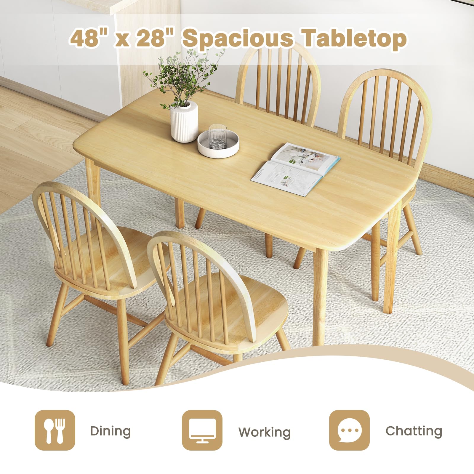 Giantex 48" L Wooden Dining Table Set for 4, 5PCS Rectangular Kitchen Table Set w/Rubber Wood Supporting Legs, Farmhouse Dinner Table & 4 Windsor Chairs for Kitchen Dining Room Small Space