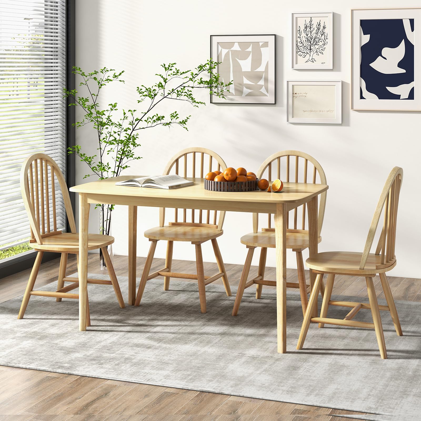 Giantex 48" L Wooden Dining Table Set for 4, 5PCS Rectangular Kitchen Table Set w/Rubber Wood Supporting Legs, Farmhouse Dinner Table & 4 Windsor Chairs for Kitchen Dining Room Small Space