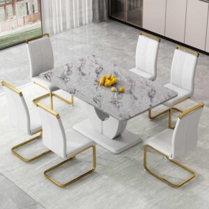 hohoedc 63" morden faux marble dining room table set,big kitchen dining table for 6-8 with mdf base,7 piece rectangle dining table set &6 pu leather golden leg chairs