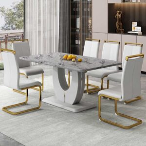 hohoedc 63" Morden Faux Marble Dining Room Table Set,Big Kitchen Dining Table for 6-8 with MDF Base,7 Piece Rectangle Dining Table Set &6 Pu Leather Golden Leg Chairs