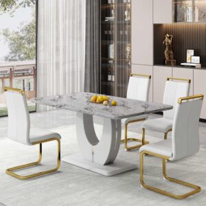 hohoedc 63" Morden Faux Marble Dining Room Table Set,Big Kitchen Dining Table for 6-8 with MDF Base,7 Piece Rectangle Dining Table Set &6 Pu Leather Golden Leg Chairs