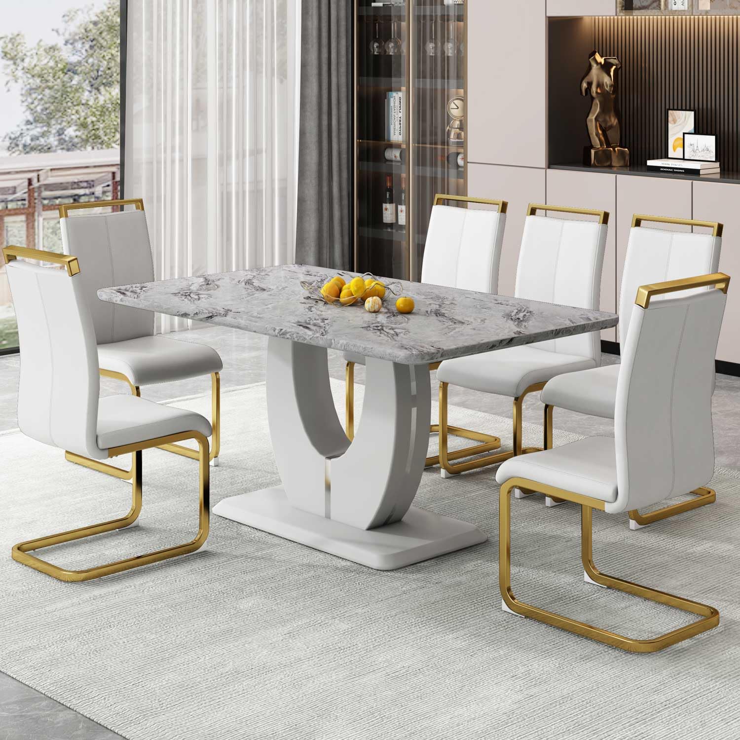 hohoedc 63" Morden Faux Marble Dining Room Table Set,Big Kitchen Dining Table for 6-8 with MDF Base,7 Piece Rectangle Dining Table Set &6 Pu Leather Golden Leg Chairs