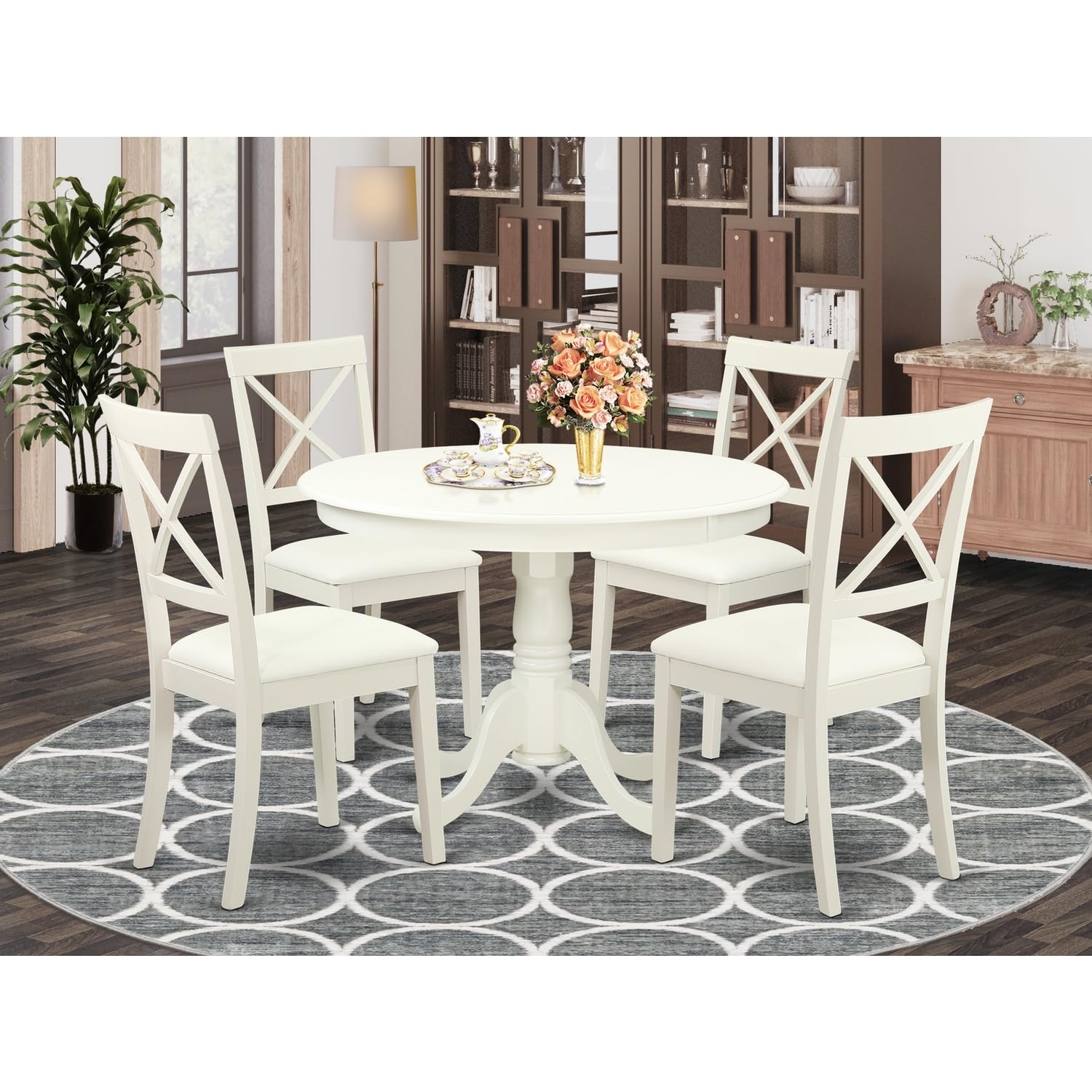 HomeStock African Adventure 5 Pc Kitchen Table Set with A Dining Table and 4 Faux Leather Seat Dining Chairs in Linen White