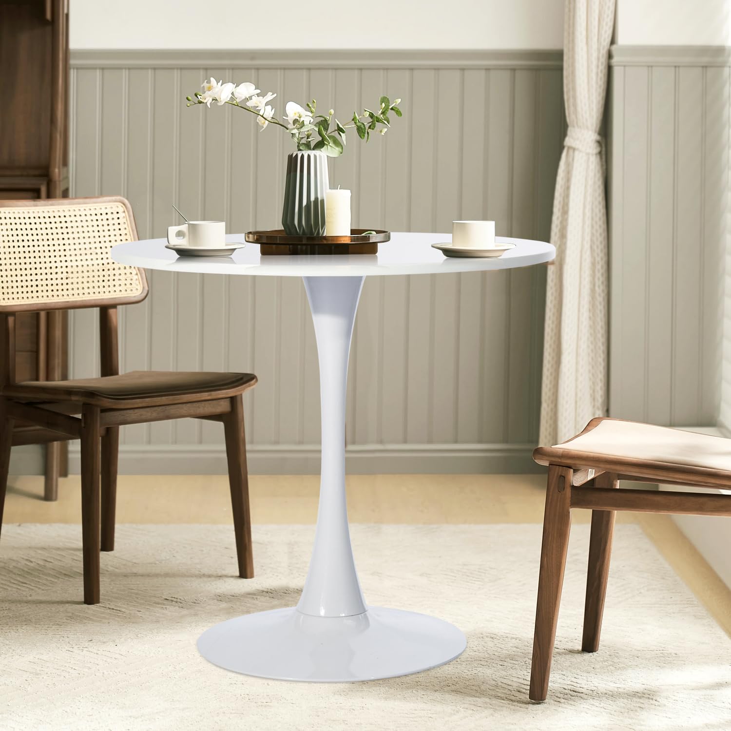 FurnitureR 31.5" Mid-Century Round Dining Table for 2-4 People with Pedestal Base for Home Office Living Room Kitchen Leisure, 31.5 inches, White