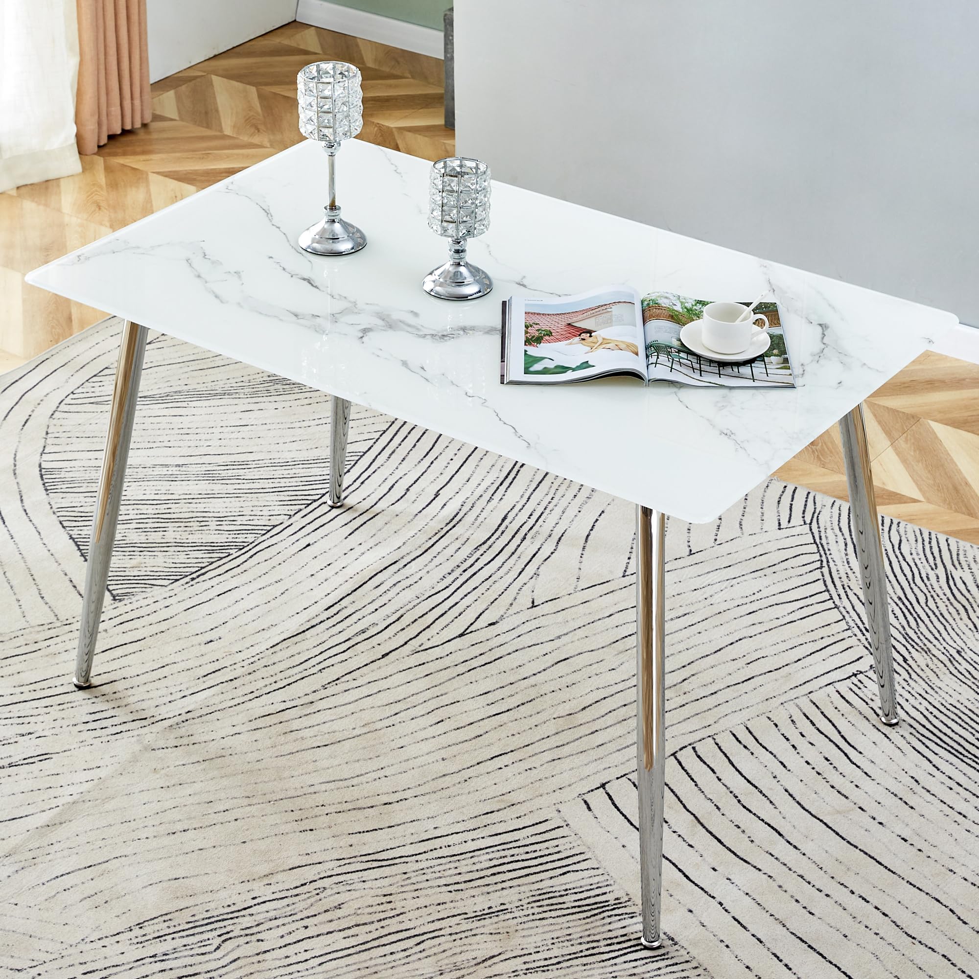 HMFULE 51" Modern Rectangle Imitation Sintered Stone Dining Table has 0.3 Inch Thick Glass Tabletop and Silver Metal Legs Kitchen Table White(Only Table)