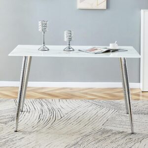 HMFULE 51" Modern Rectangle Imitation Sintered Stone Dining Table has 0.3 Inch Thick Glass Tabletop and Silver Metal Legs Kitchen Table White(Only Table)