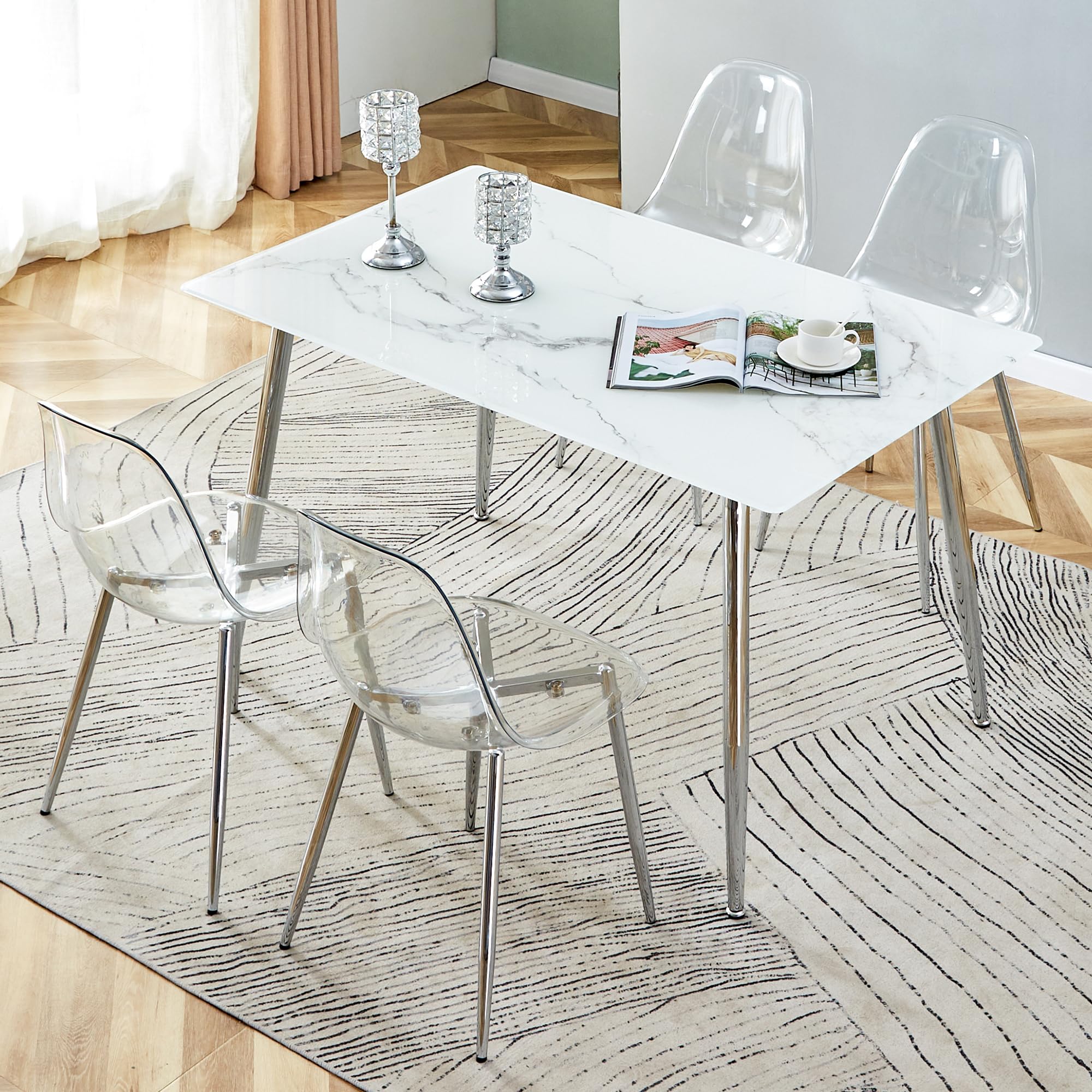 HMFULE 51" Modern Rectangle Imitation Sintered Stone Dining Table has 0.3 Inch Thick Glass Tabletop and Silver Metal Legs Kitchen Table White(Only Table)