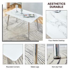 HMFULE 51" Modern Rectangle Imitation Sintered Stone Dining Table has 0.3 Inch Thick Glass Tabletop and Silver Metal Legs Kitchen Table White(Only Table)