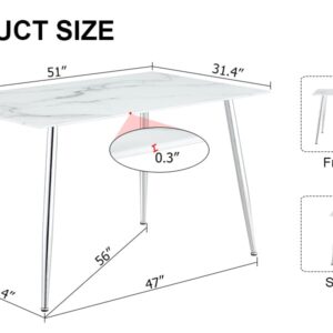 HMFULE 51" Modern Rectangle Imitation Sintered Stone Dining Table has 0.3 Inch Thick Glass Tabletop and Silver Metal Legs Kitchen Table White(Only Table)