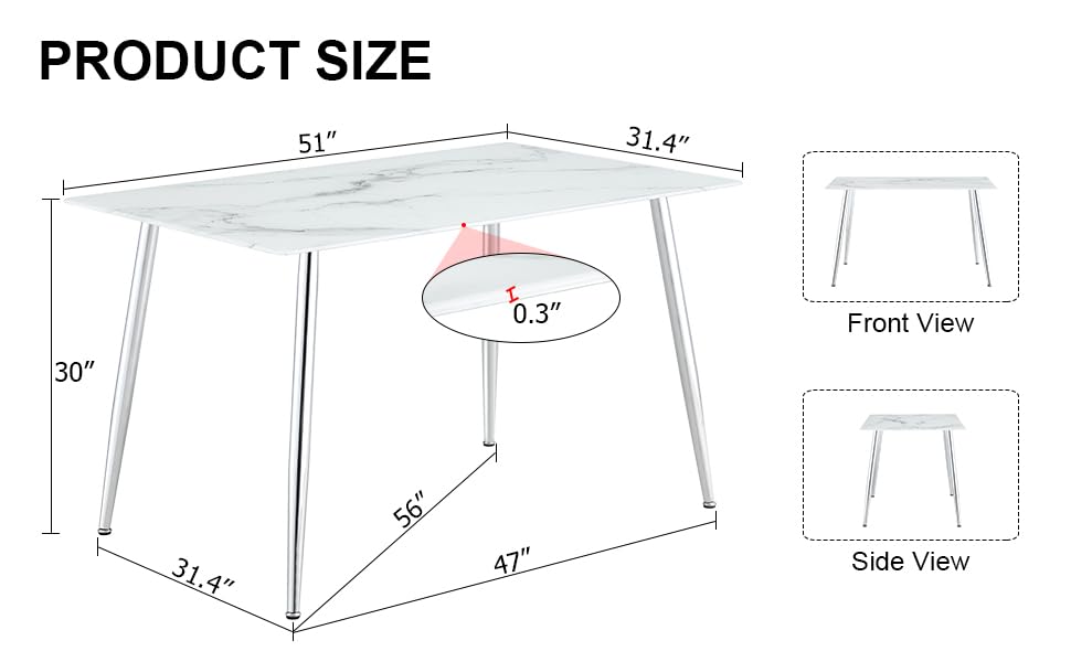 HMFULE 51" Modern Rectangle Imitation Sintered Stone Dining Table has 0.3 Inch Thick Glass Tabletop and Silver Metal Legs Kitchen Table White(Only Table)