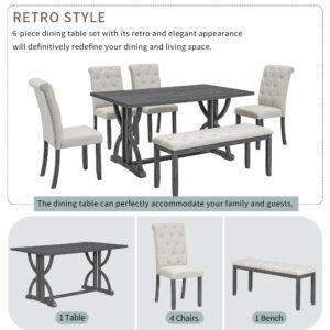 HomSof 6-Piece Retro Rectangular Dining Table Set, Table with Unique Legs and 4 Upholstered Chairs & 1 Bench for Dining Room and Kitchen, Gray Wash