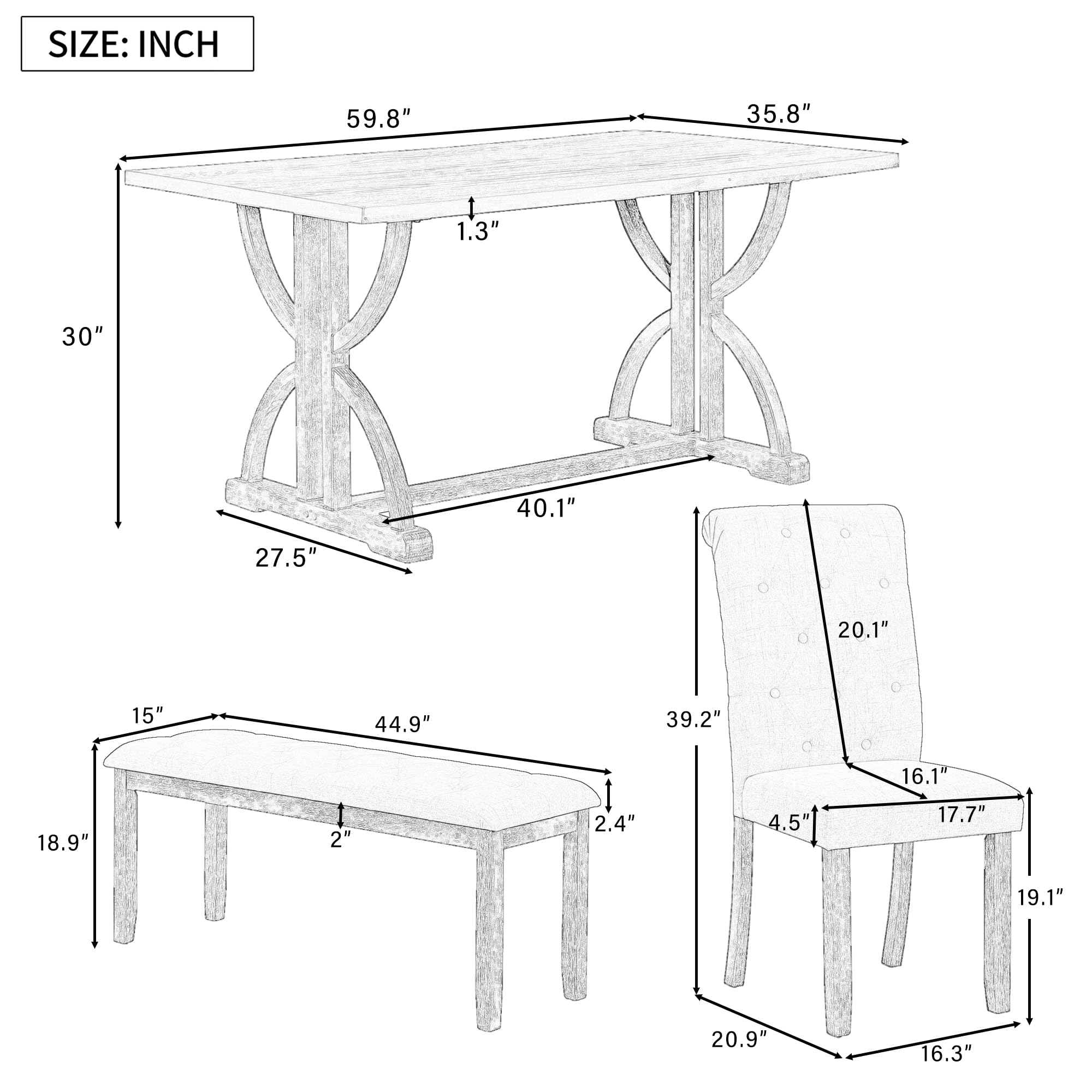 HomSof 6-Piece Retro Rectangular Dining Table Set, Table with Unique Legs and 4 Upholstered Chairs & 1 Bench for Dining Room and Kitchen, Gray Wash