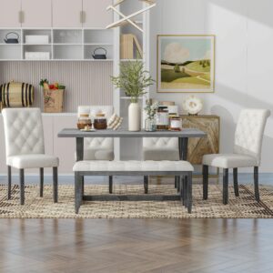 HomSof 6-Piece Retro Rectangular Dining Table Set, Table with Unique Legs and 4 Upholstered Chairs & 1 Bench for Dining Room and Kitchen, Gray Wash