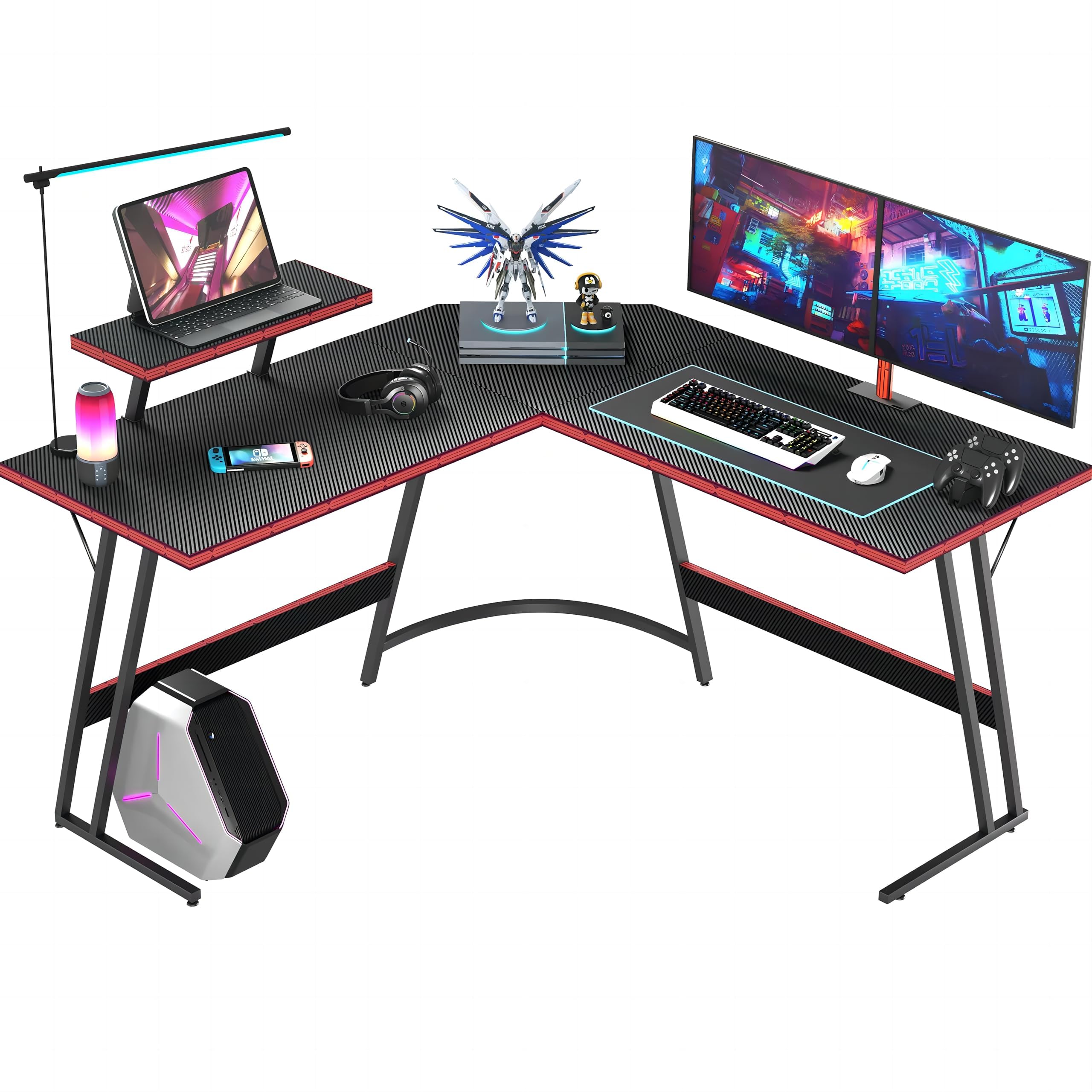 Shahoo L Shaped Gaming Desk, 51 Inch Computer Corner Table with Large Monitor Stand & Carbon Fiber Surface for Home Office Study Writing Workstation, Black