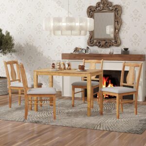 SIYSNKSI 5-Piece Farmhouse Kitchen Dining Table Set, Wooden Rectangular Dining Table with 4 Upholstered Chairs, Kitchen Furniture Set for Dining Room (Natural Wood 077)