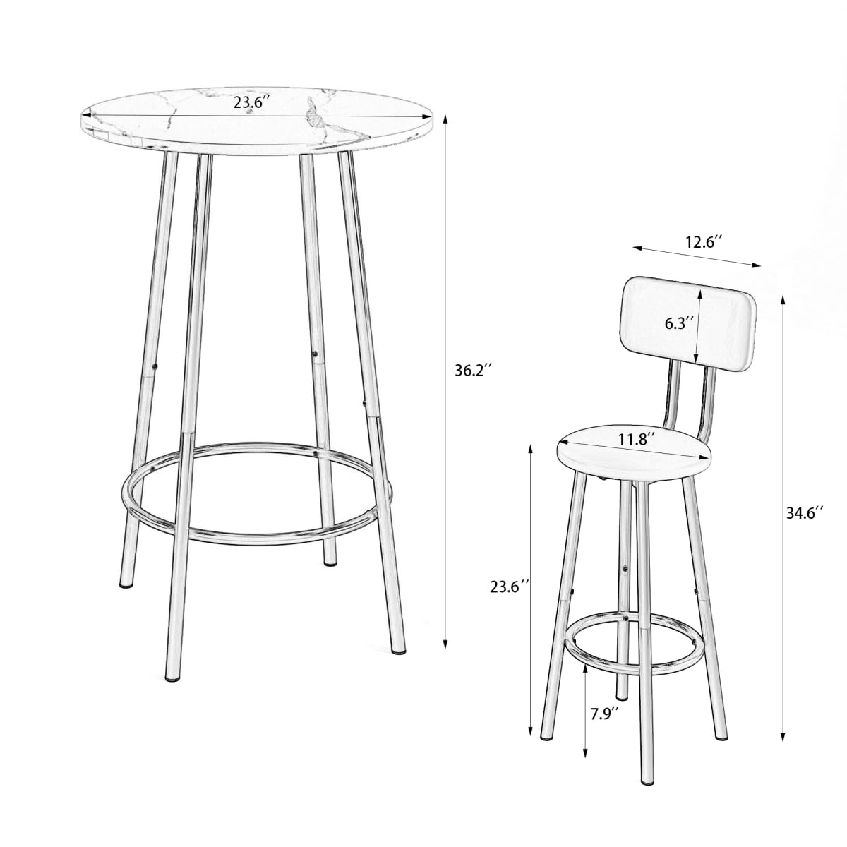 DNChuan 3-Piece Bar Dining Set,Round Coffee Table with Shelf and 2 Bar Stools with Footrest for Pub,Kitchen Nook,Apartment,Small Spaces-White