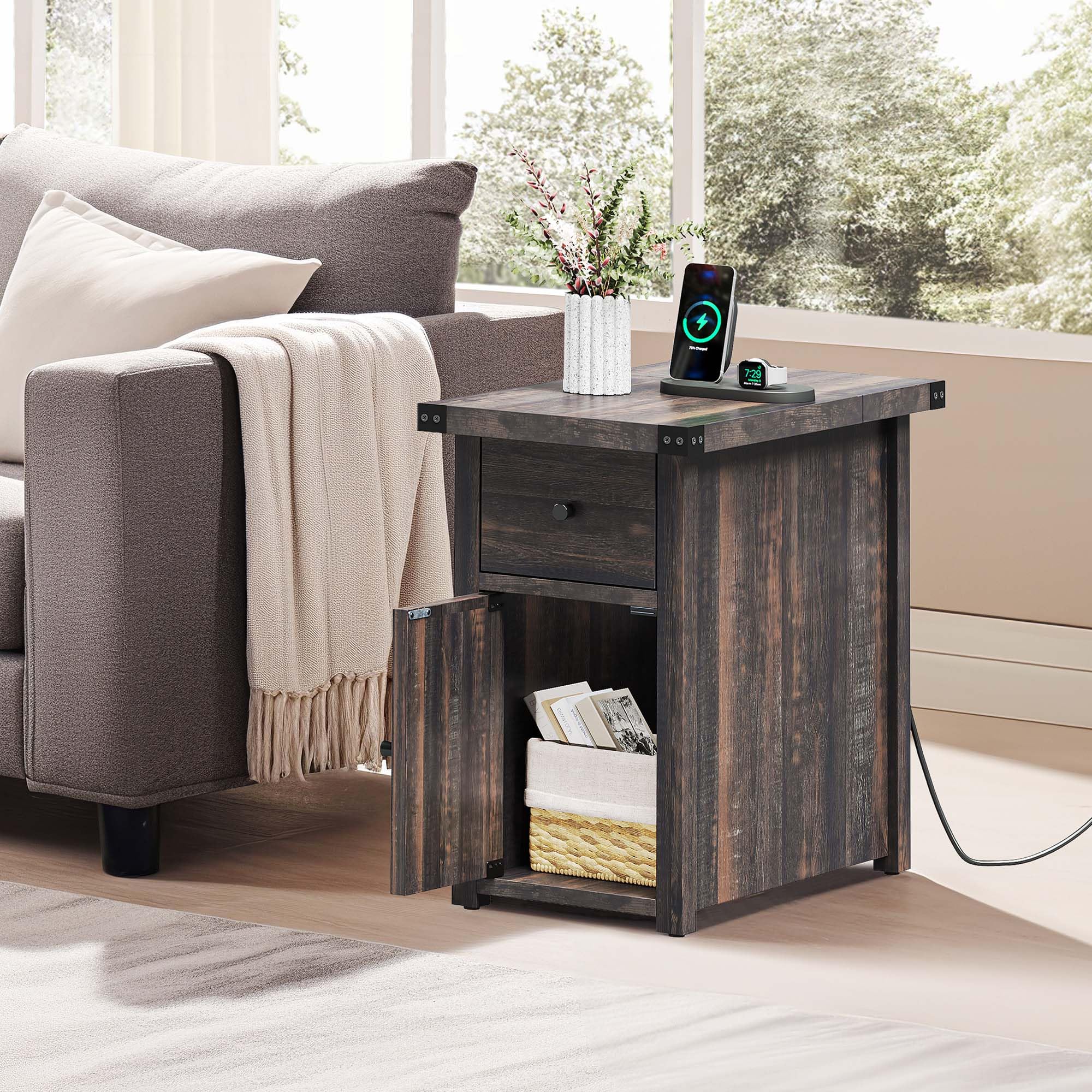 YITAHOME End Table with Charging Station, Narrow Side Table with USB Ports and Outlets, Nightstand with Drawer and Storage Cabinet for Living Room, Bedroom, Dark Rustic Oak