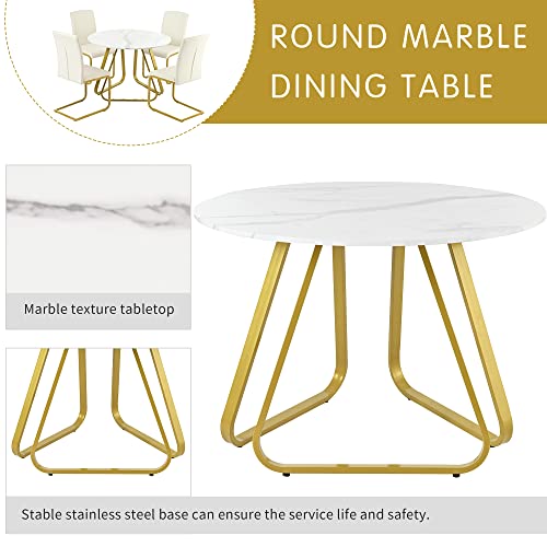 Zenvya 5-Piece Dining, Round Dinette Suit with Faux Marble Table and 4 Upholstered Chairs with Metal Legs, Modern Living Room Furniture Set for Home Kitchen Apartment, White