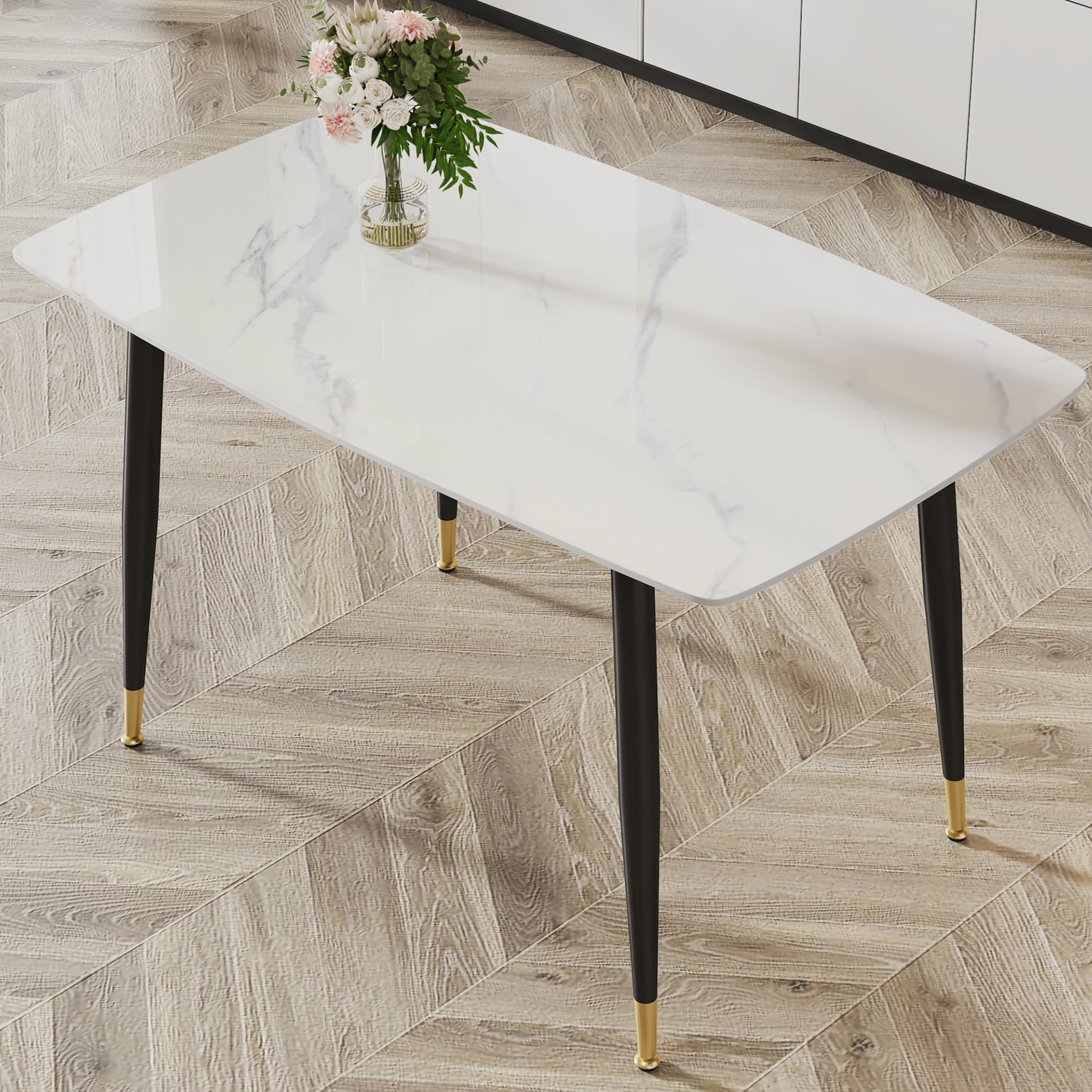 Maotifeys Luxury White Marble Dining Table for 4 Rectangular Sintered Stone Kitchen Table with Black Gold Legs Modern 50" Marble Stone Dinner Table for 4-6 People in Kitchen Dining Room