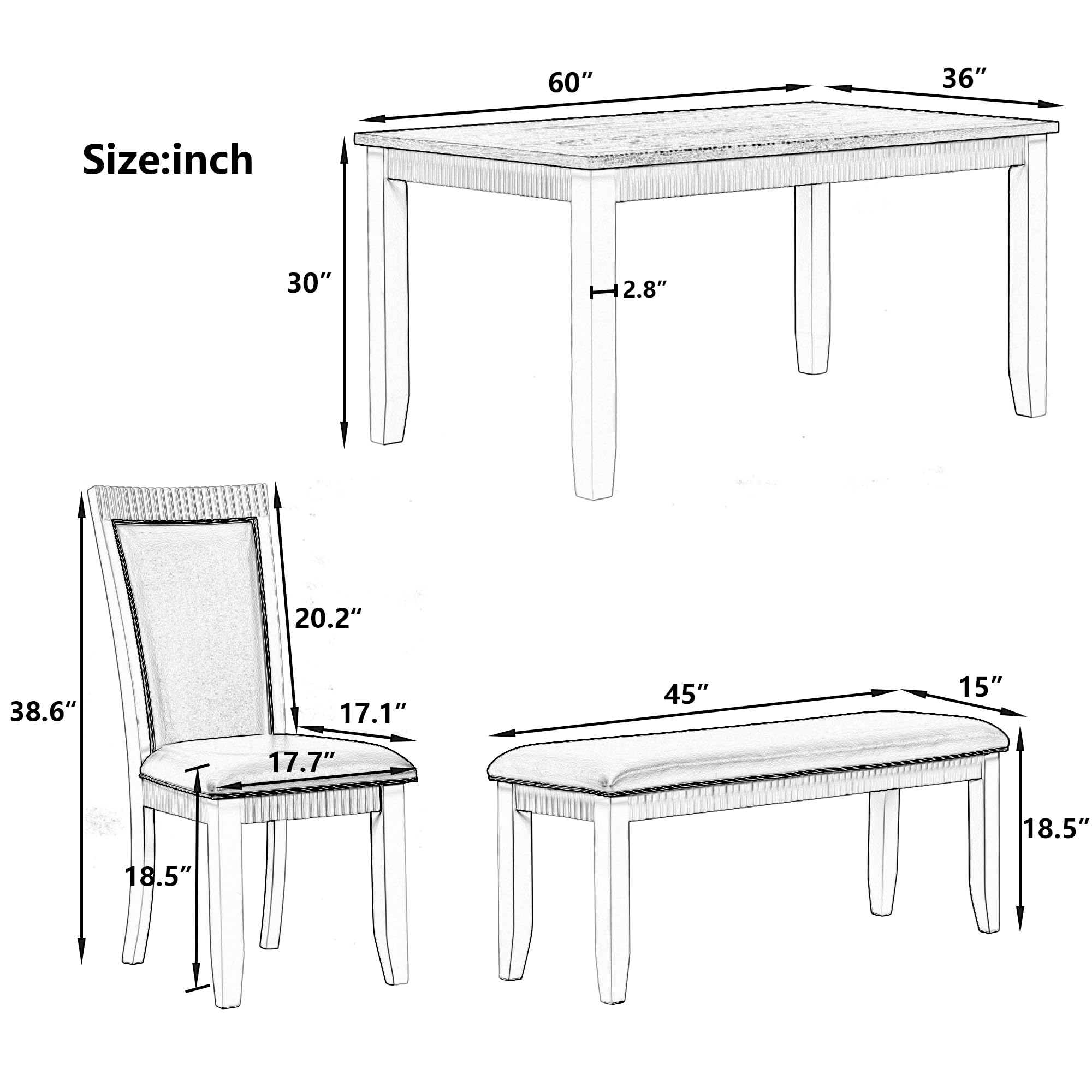 VilroCaz Farmhouse Rustic 6-Piece Dining Table Set, 60'' Rectangular Table with PU Leather Upholstered Chairs and Bench, Acacia Wood Kitchen Dining Room Set for Family (White+GY)