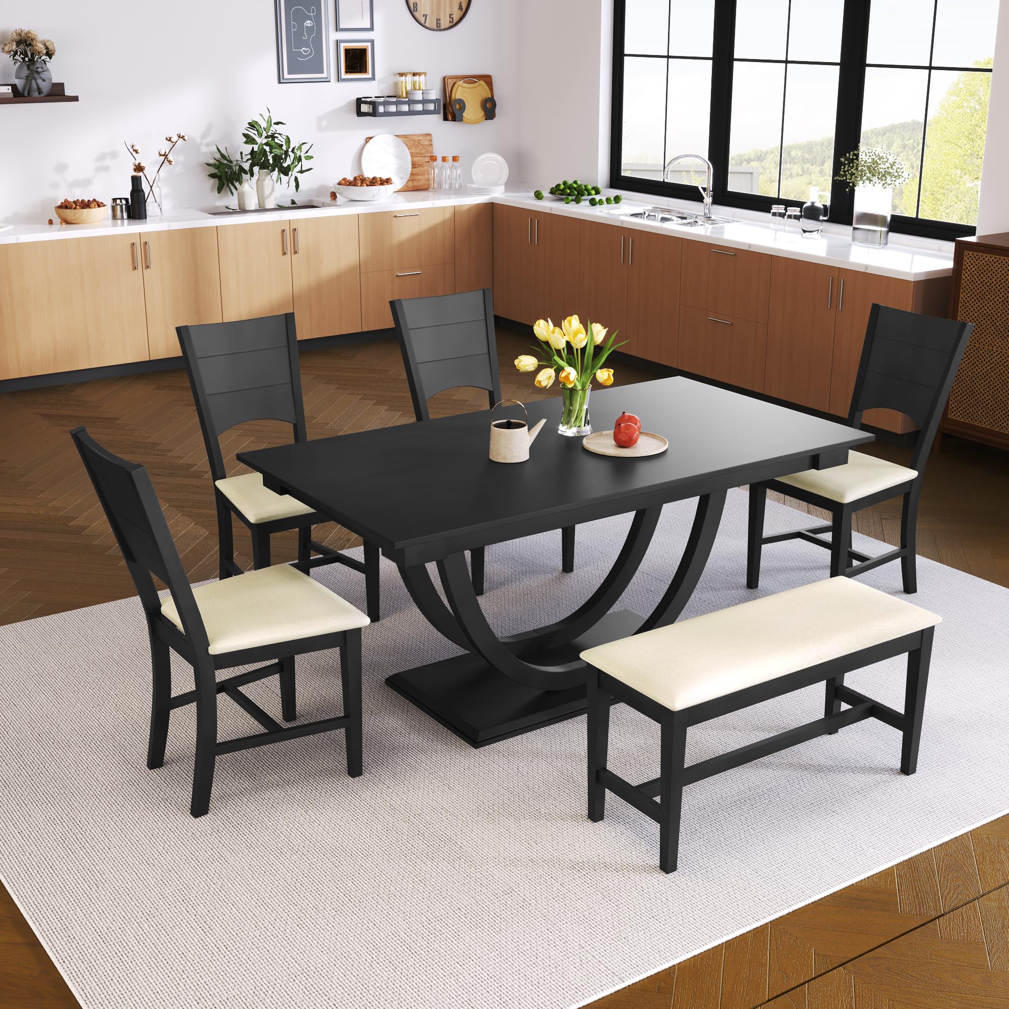 6 Piece Dining Table Set for 6 with Bench Wood Rectangular Kitchen Table Set, Gray