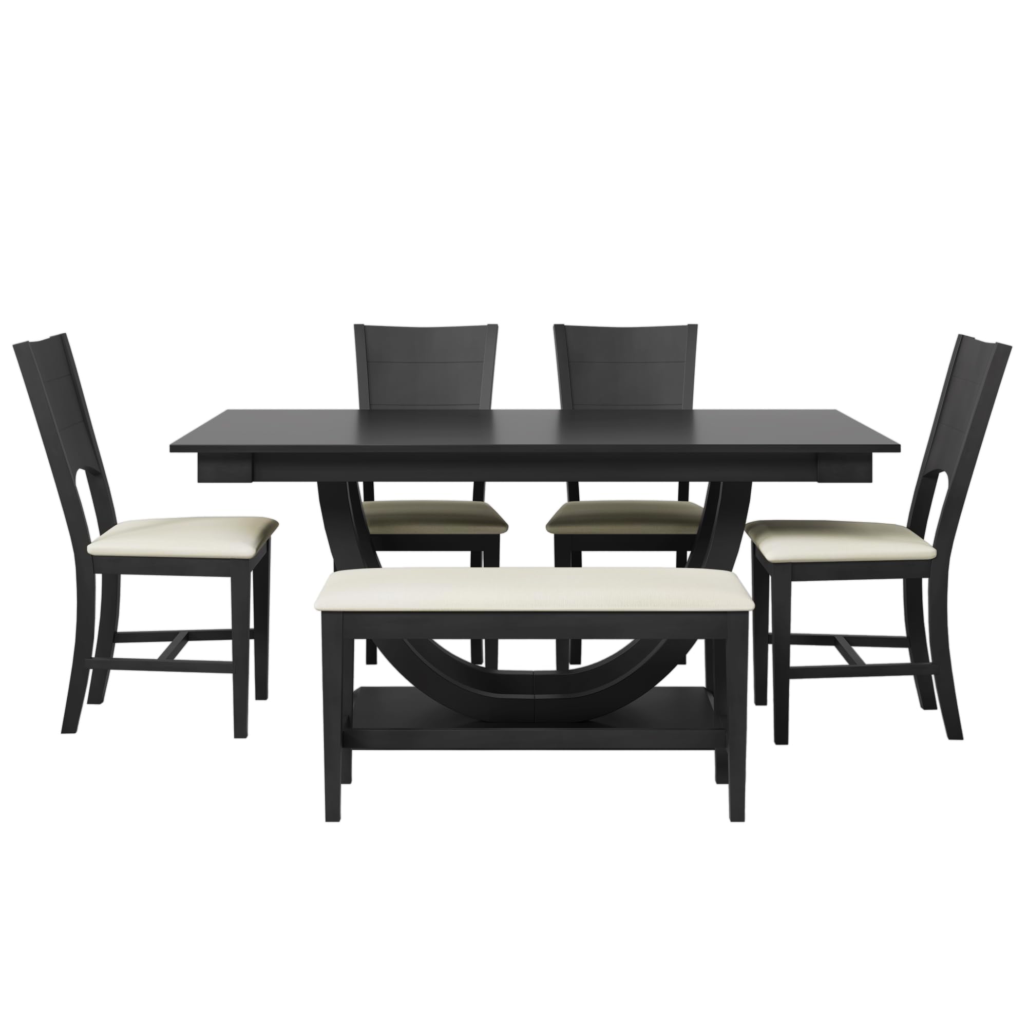 6 Piece Dining Table Set for 6 with Bench Wood Rectangular Kitchen Table Set, Gray